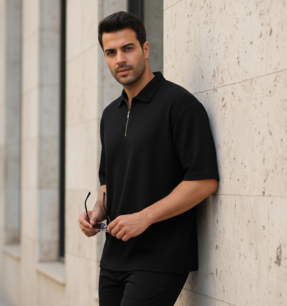 تیشرت مردانه یقه زیپ دار مشکی مدل Arban